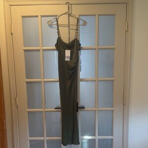 Zara Olive Green Midi Satin Dress